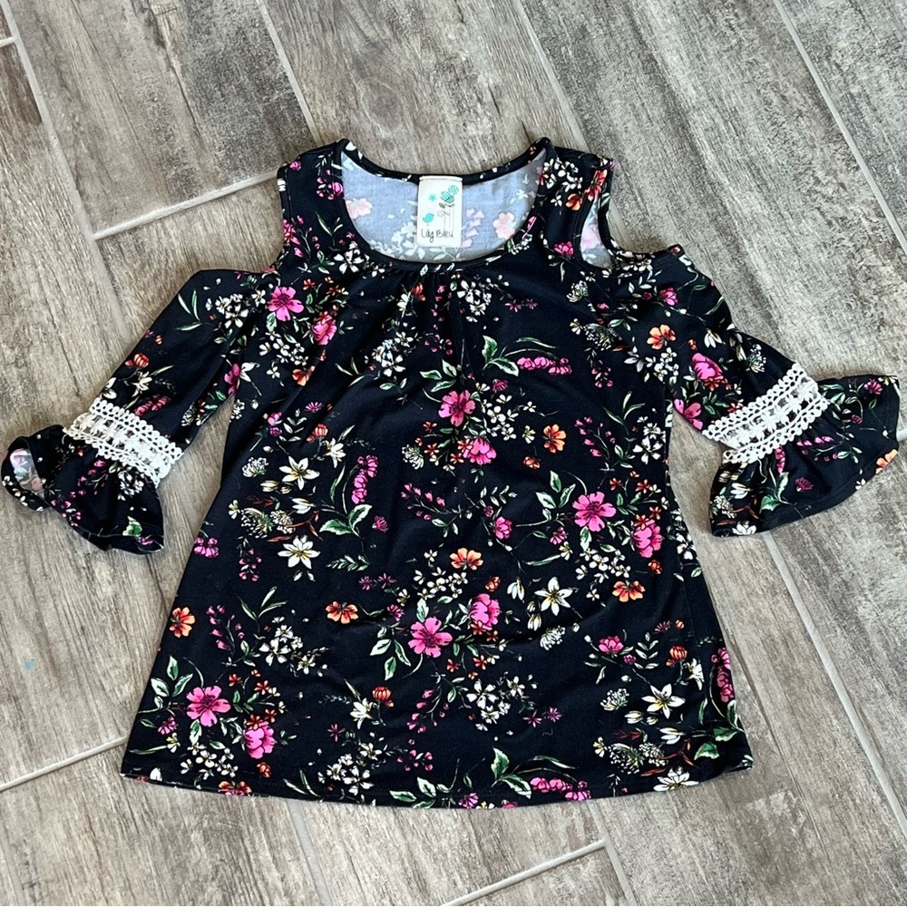 Lily Bleu Girls Floral Soft Cold Shoulder Top Bell Sleeve Black Pink Size 7/8